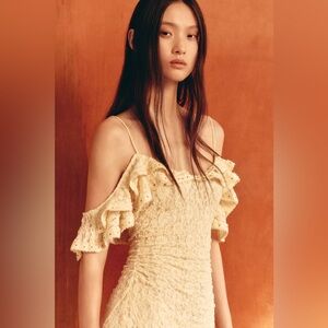 Zara Studded Light Yellow Lace Dress Ruffles Spaghetti Strap NWT M Graduation